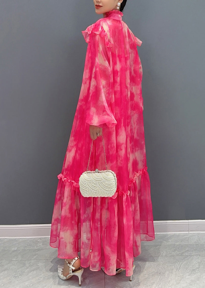 Style Red Stand Collar Ruffled Print Chiffon Maxi Dress Long Sleeve AO1025 JDML-FDL240909