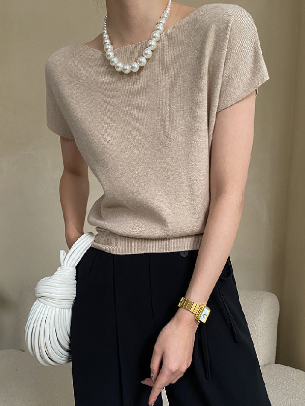 Pink Sleeve Top Short Knit Boat Loose Neck Stylish FashionChic