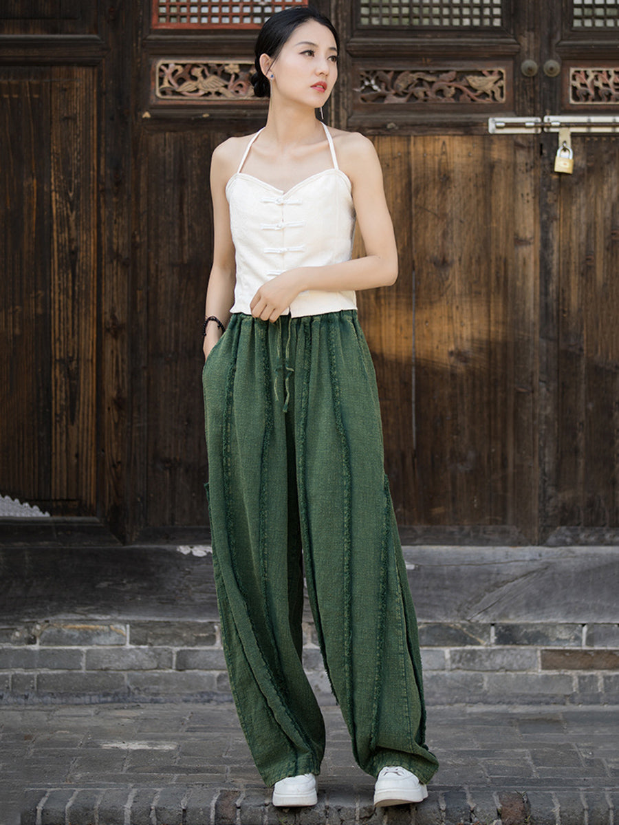 Women Ethnic Solid Raw-edge Wide-leg Ramie Pants FD053 BXF
