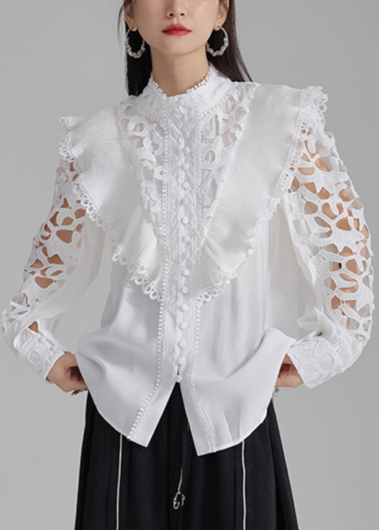 White Cotton Out Hollow Stylish Shirts Button Spring FashionChic
