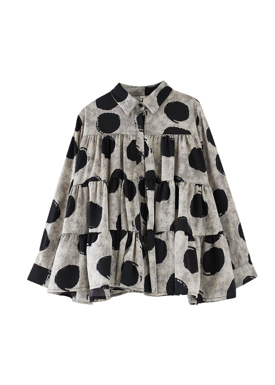 Plus Size Black Peter Pan Collar Dot Wrinkled Cotton Shirts Fall RY023 ABC