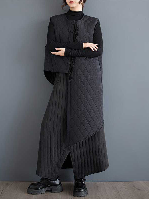 Simple Black Elasticity High Waisted Pockets Quilted Asymmetric Hem Skirt TW004 ABC
