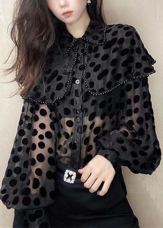 Patchwork Black Unique Velour Blouses Nail Collar Pan Bead Peter FashionChic