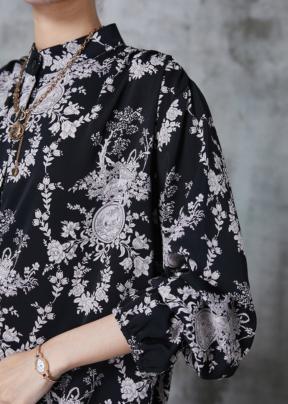 Plus Size Black Stand Collar Print Chiffon Shirts Summer PZGY-LTP240826