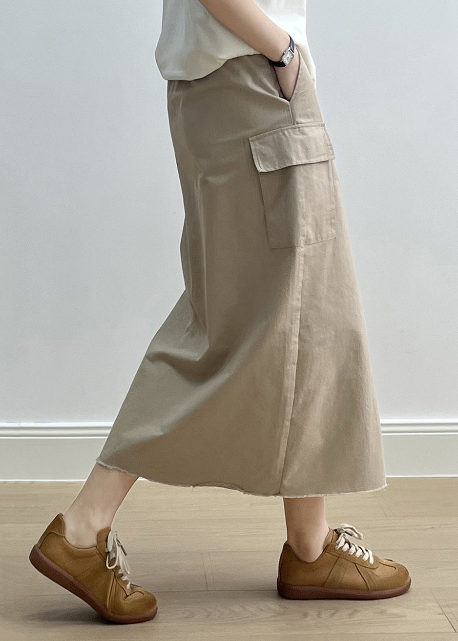 Fine Khaki Pockets High Waist Side Open Cotton Skirt Fall QC024 shopify