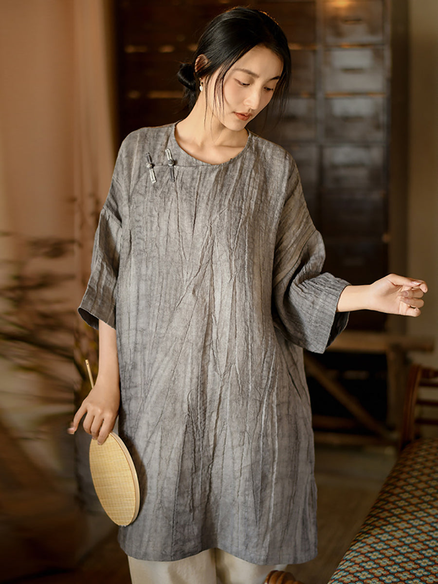 Women Summer Vintage Solid Loose Linen Short Dress II1008 BUYKUD