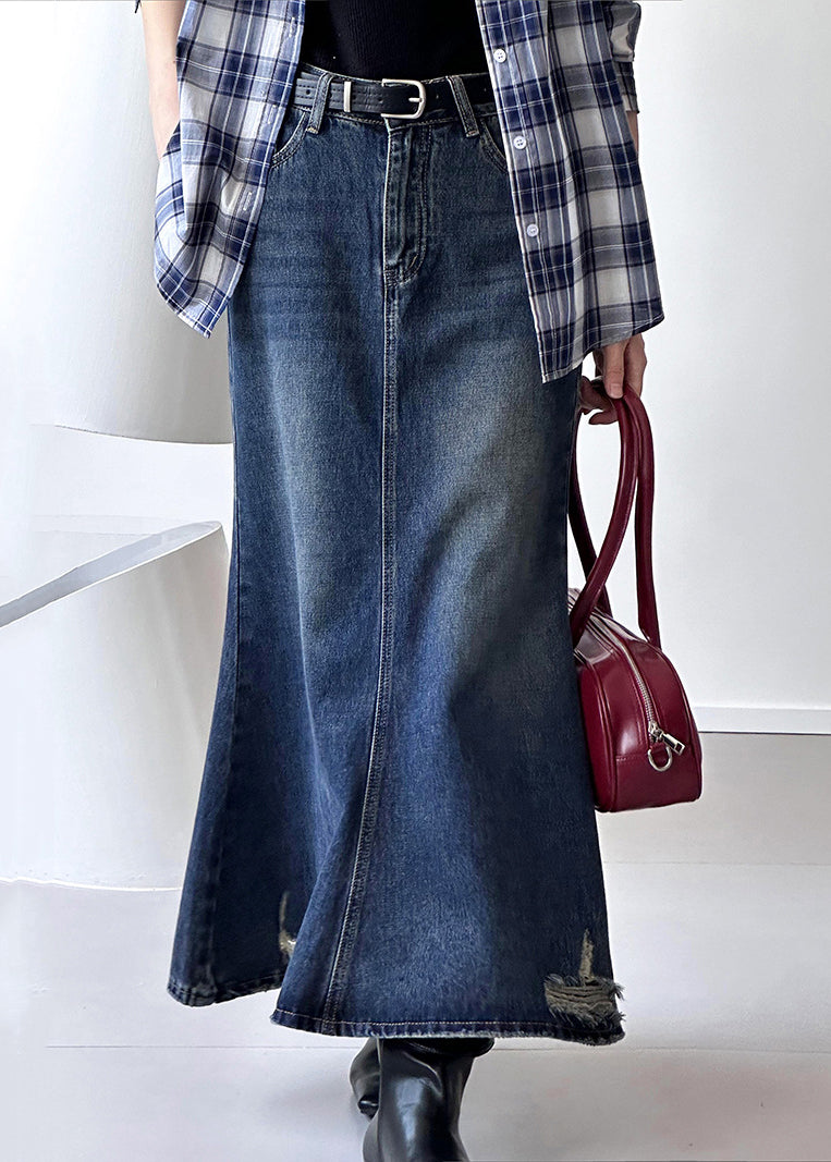 French Blue Hole High Waist Denim Maxi Skirts Fall AF1019 HS-SKTS240914