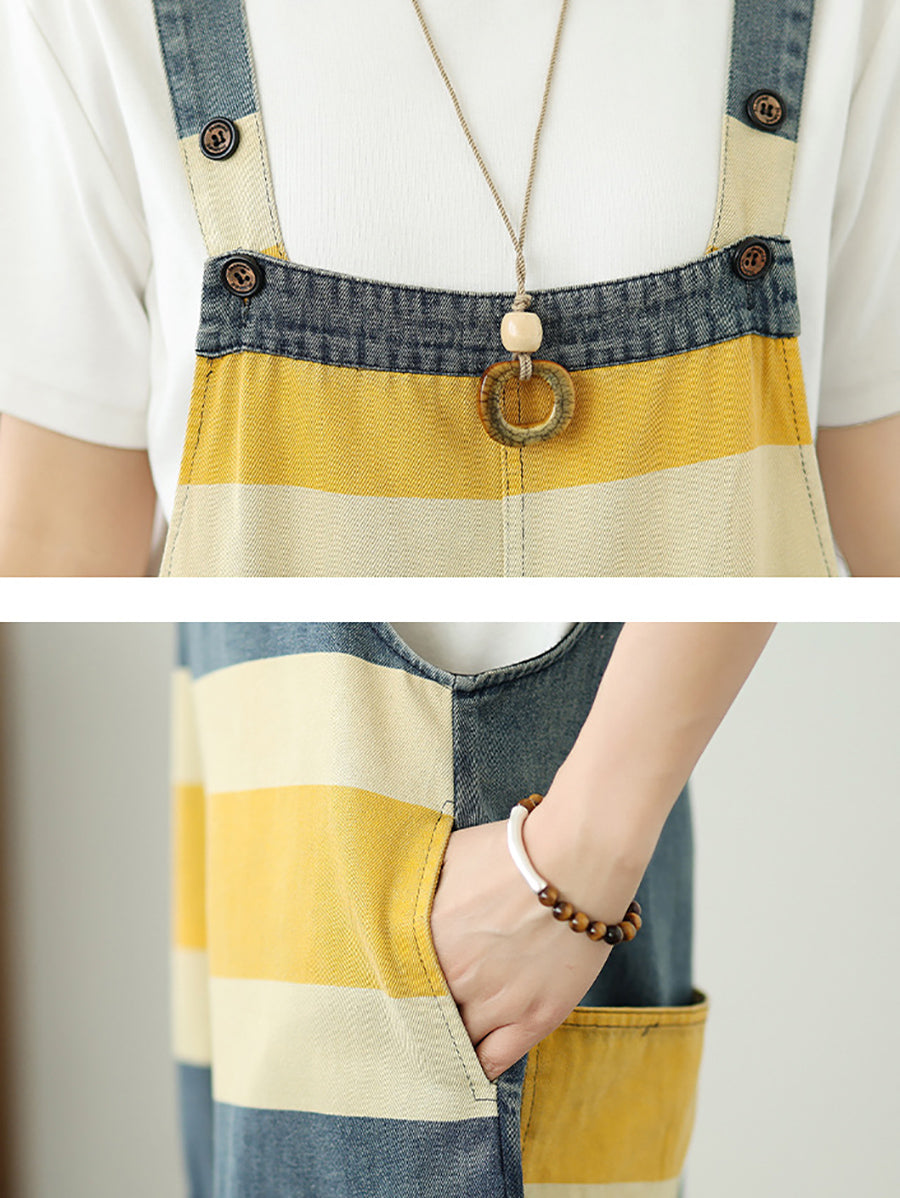 Summer Colorblock Women Loose Denim Stripe Jumpsuits FashionChic