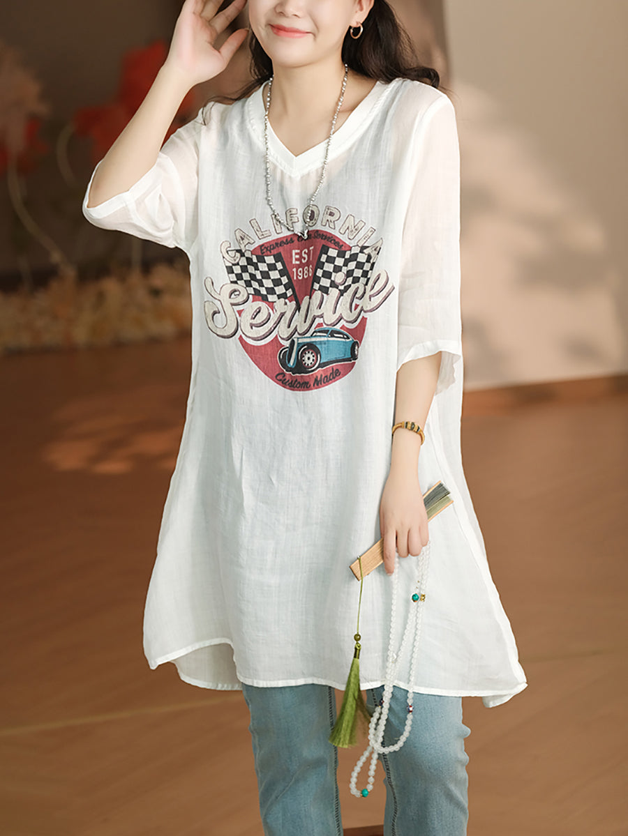 Women Summer Casual Print V-Neck Ramie Long Shirt LL022 LPP