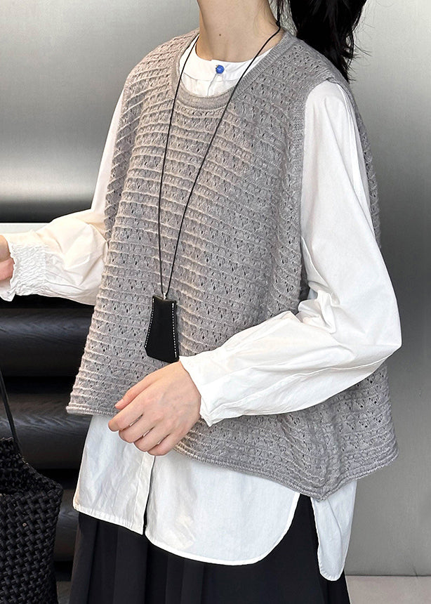 Plus Size Grey O Neck Hollow Out Knit Vest Sleeveless AF1084 HS-VTP240914