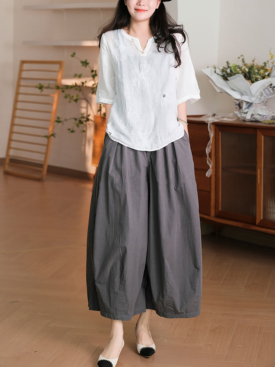 Women Summer Artsy Flower Embroidery Ramie Shirt TY1036 Ada Fashion