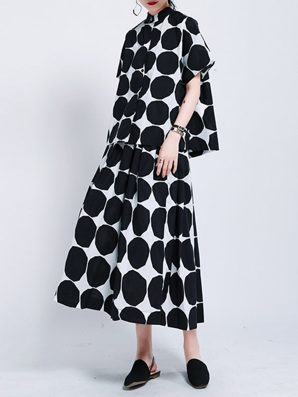 Pockets Neck Mock Black Polka-Dot Stylish High Buttoned Shirt FashionChic