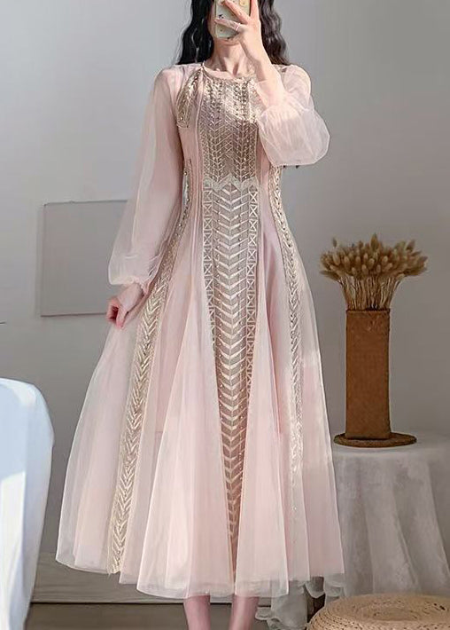 2024 New Pink Mesh Tulle Nail Bead Bubble Sleeve Dress AZ1019 shopify