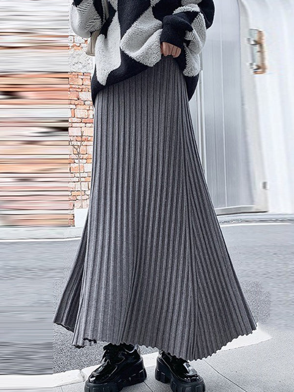 Brief Khaki High Waisted Pleated Striped A-Line Knit Skirt TW006 ABC