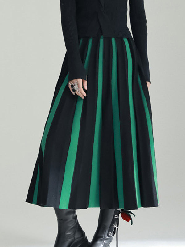 A-line Pleated Retro Skirt Knit Contrast White Color FashionChic