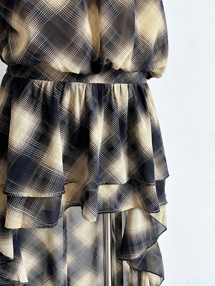 Asymmetric Khaki Plaid Neck Sleeveless Top High-Low Uniaue Halter FashionChic