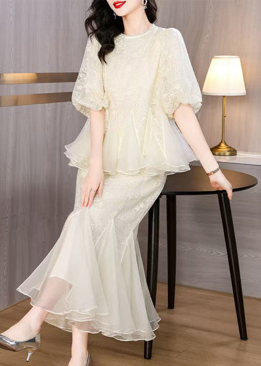 Embroidered Silk Chic And Fishtail Two Skirt Tops Beige Pieces FashionChic