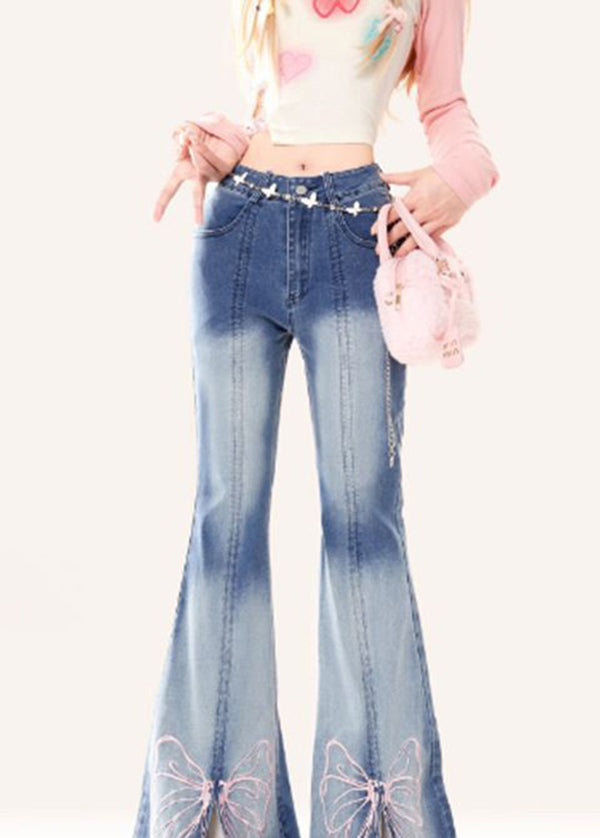 Butterfly Embroidered Style Bottoms Blue Flare Denim Patchwork FashionChic