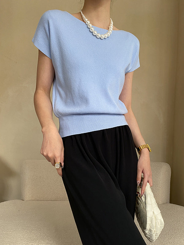 Pink Sleeve Top Short Knit Boat Loose Neck Stylish FashionChic