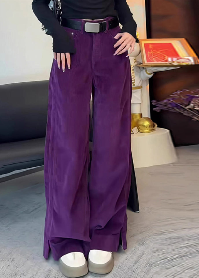 Corduroy High Simple Waist Side Purple Straight Spring Pants Open FashionChic