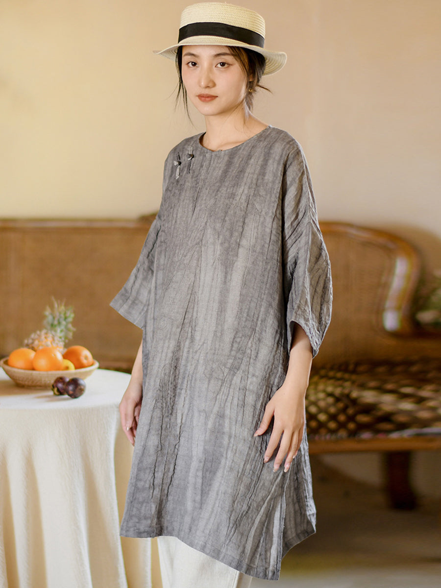 Women Summer Vintage Solid Loose Linen Short Dress II1008 BUYKUD