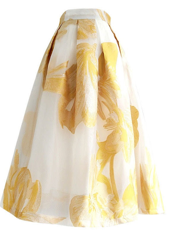 Women Yellow Wrinkled Patchwork Embroidered Tulle Skirt Summer AZ1038 shopify