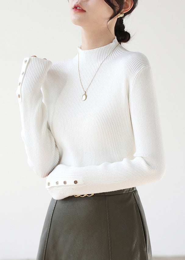 New White Hign Neck Button Patchwork Knit Sweater Winter RV026 ABC