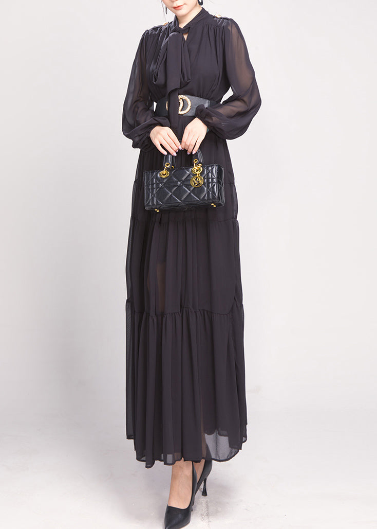 Black Bow Wrinkled Chiffon Maxi Dress Long Sleeve AO1043 JDML-FDL240909