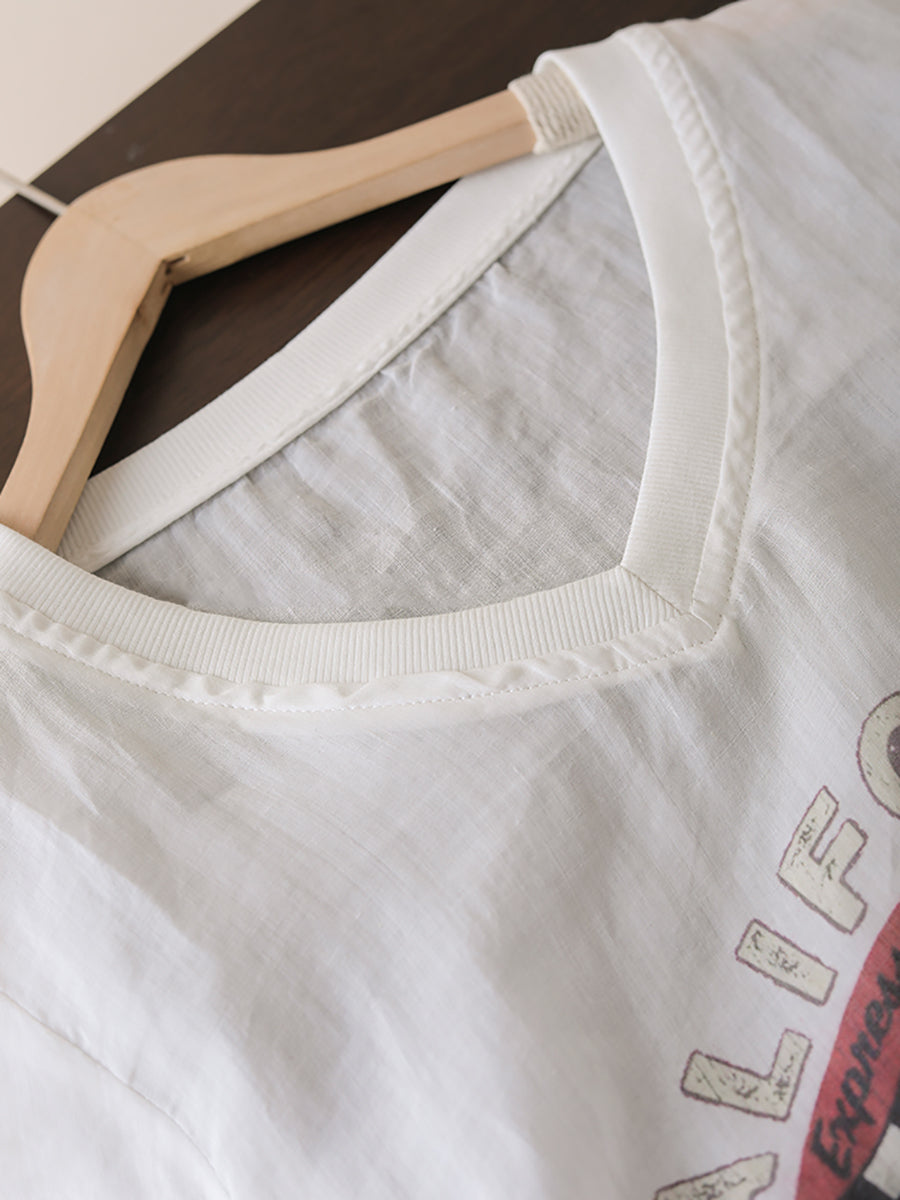 Women Summer Casual Print V-Neck Ramie Long Shirt LL022 LPP