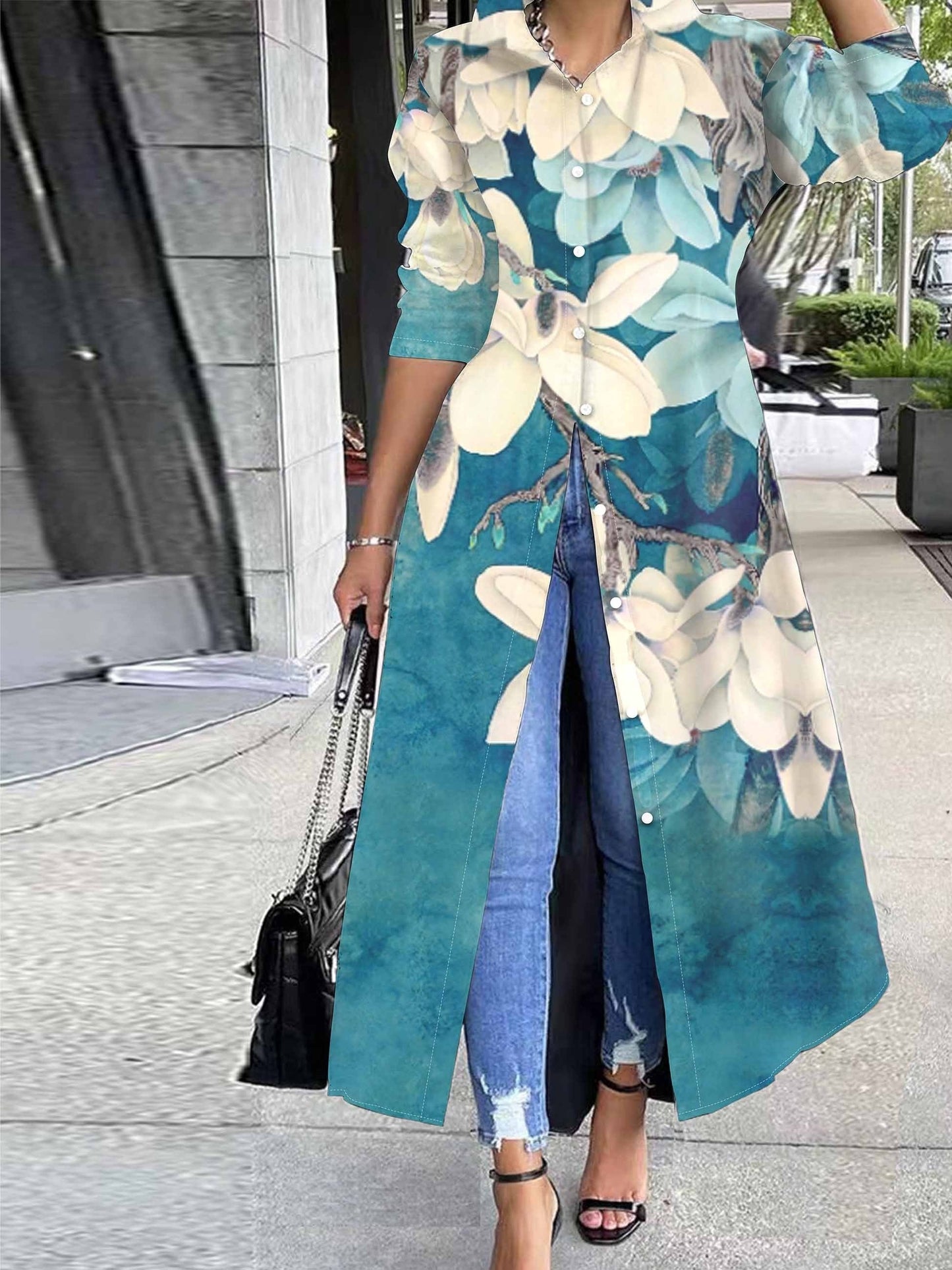 Elegant Floral Print Tunic - Long Sleeve Button Front Top, Durable & Stretch Fabric, Perfect for Any Season Furdela