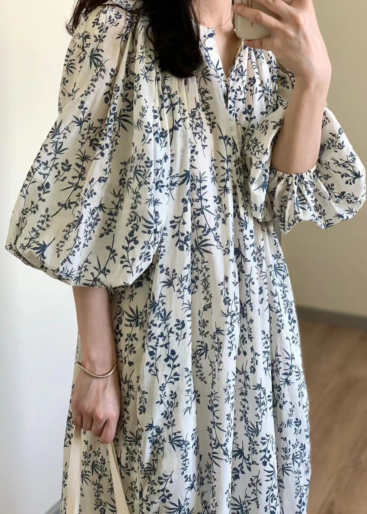 Elegant Button Print Tie Waist Cotton Long Dress Summer QP057 OL-SDL241001