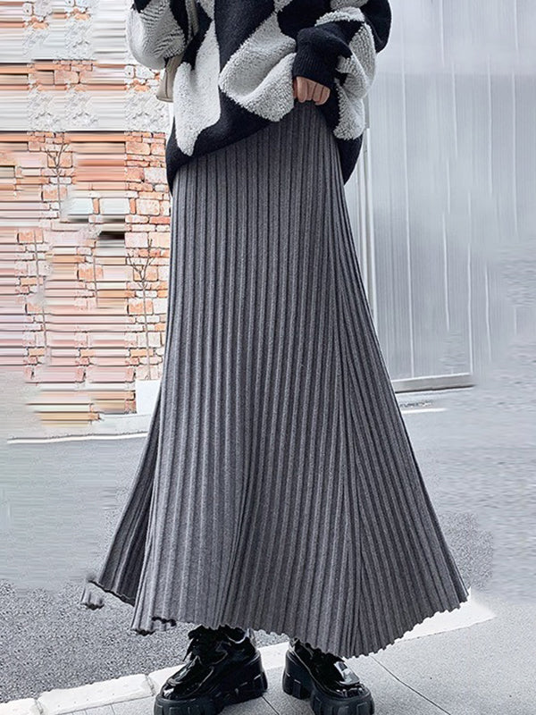 Brief Khaki High Waisted Pleated Striped A-Line Knit Skirt TW006 ABC