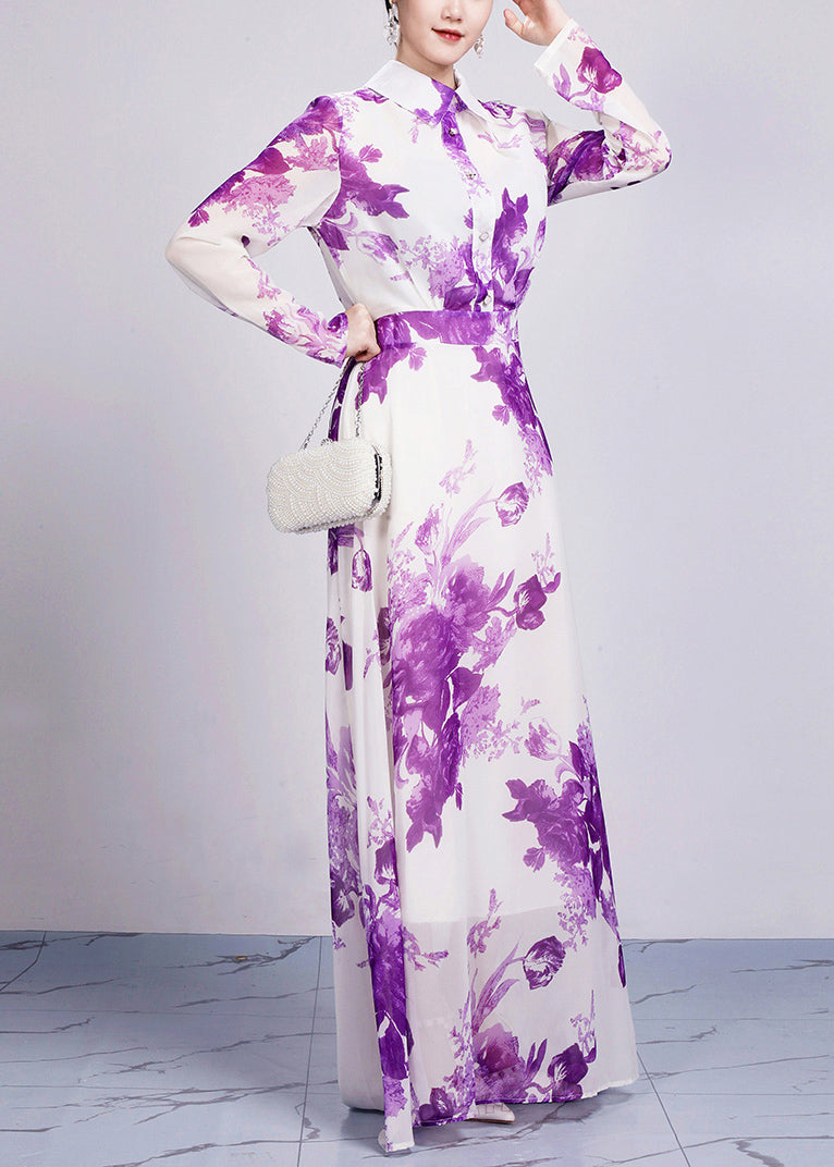 Beautiful Purple Peter Pan Collar Print Chiffon Maxi Dresses Long Sleeve AR1029 JDML-240823