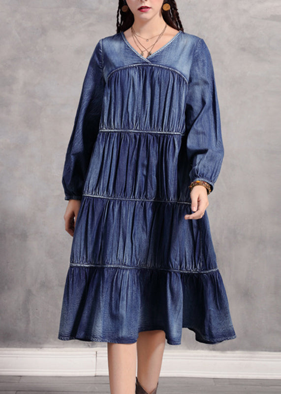Casual Blue V Neck Wrinkled Patchwork Denim Long Dress Long Sleeve NN018 shopify