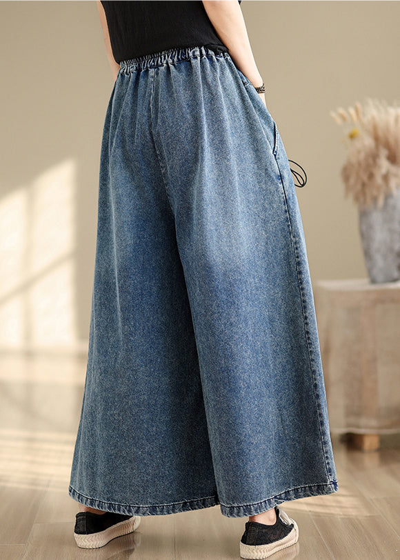Summer Pants Strap Wide Wrinkled Denim Blue Cross Leg FashionChic