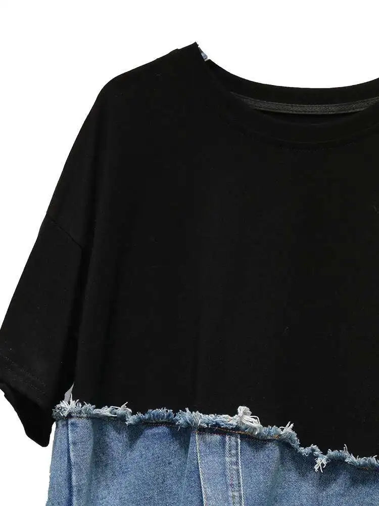 Denim Street Patchwork Sleeve White Short T-Shirt O-neck Hem FashionChic