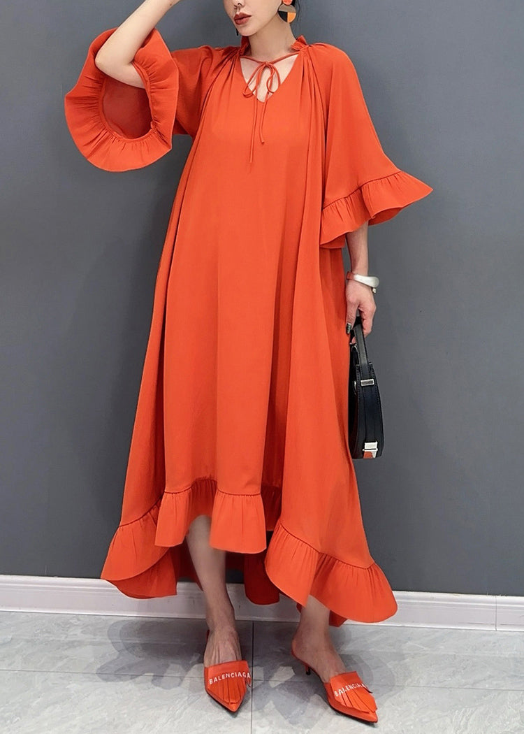 Art Orange V Neck Vacation Long Dresses Flare Sleeve AO1046 JDML-FDL240909