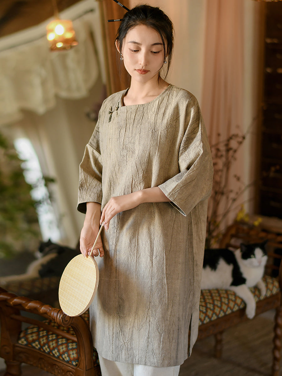 Women Summer Vintage Solid Loose Linen Short Dress II1008 BUYKUD