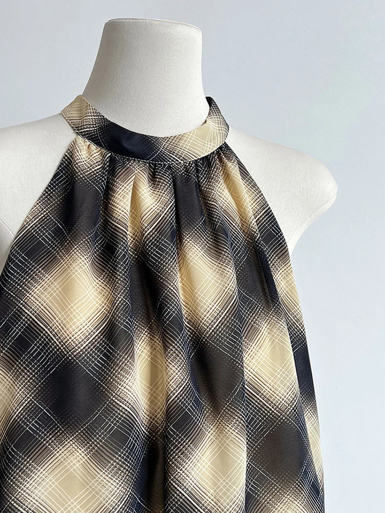 Asymmetric Khaki Plaid Neck Sleeveless Top High-Low Uniaue Halter FashionChic