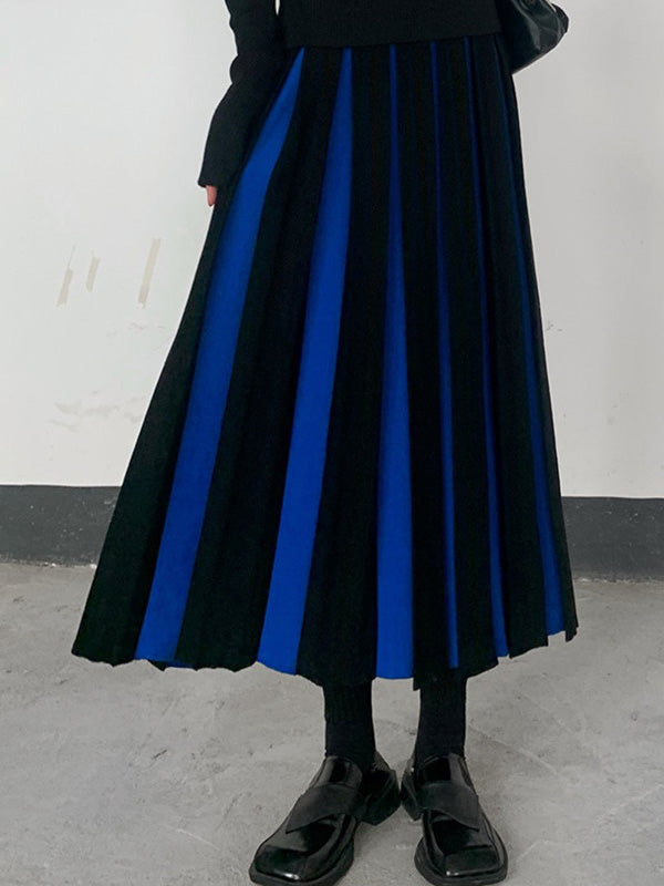 A-line Pleated Retro Skirt Knit Contrast White Color FashionChic