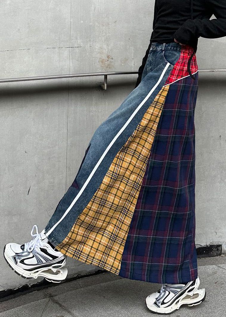 Yellow Patchwork High Spring Denim Waist Skirts Button Plaid FashionChic