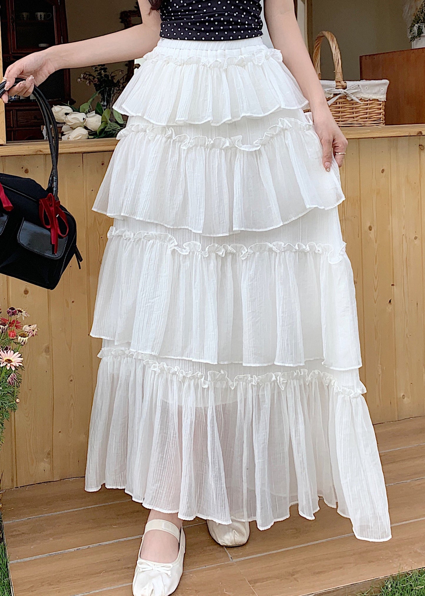 Fashion Black Ruffled Patchwork Elastic Waist Cotton Skirt Summer TT1021 shopify