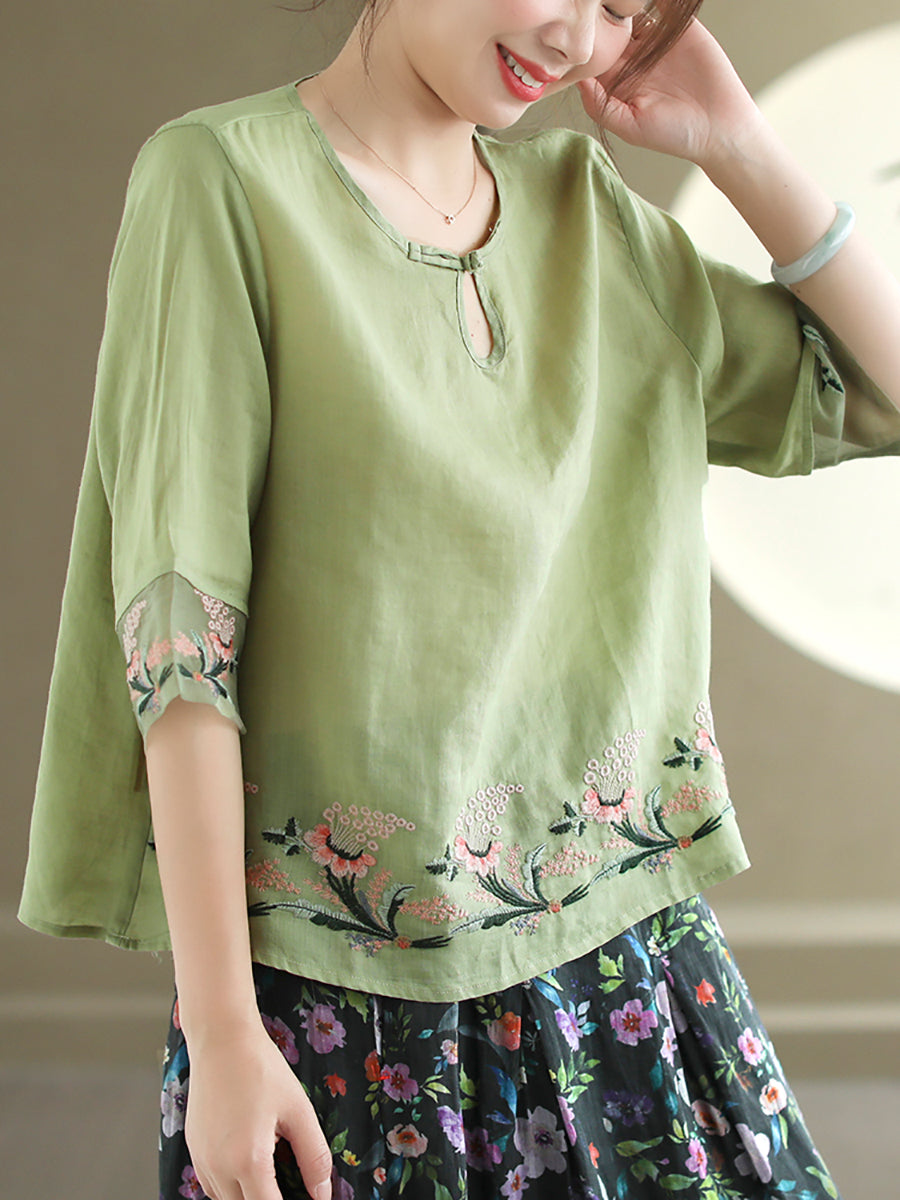 Women Summer Vintage Floral Embroidery Ramie Shirt AS1045 Ada Fashion