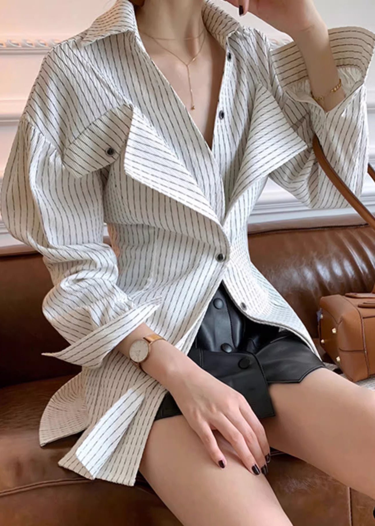 White Striped Design Shirt Original Art Cotton Button Spring FashionChic