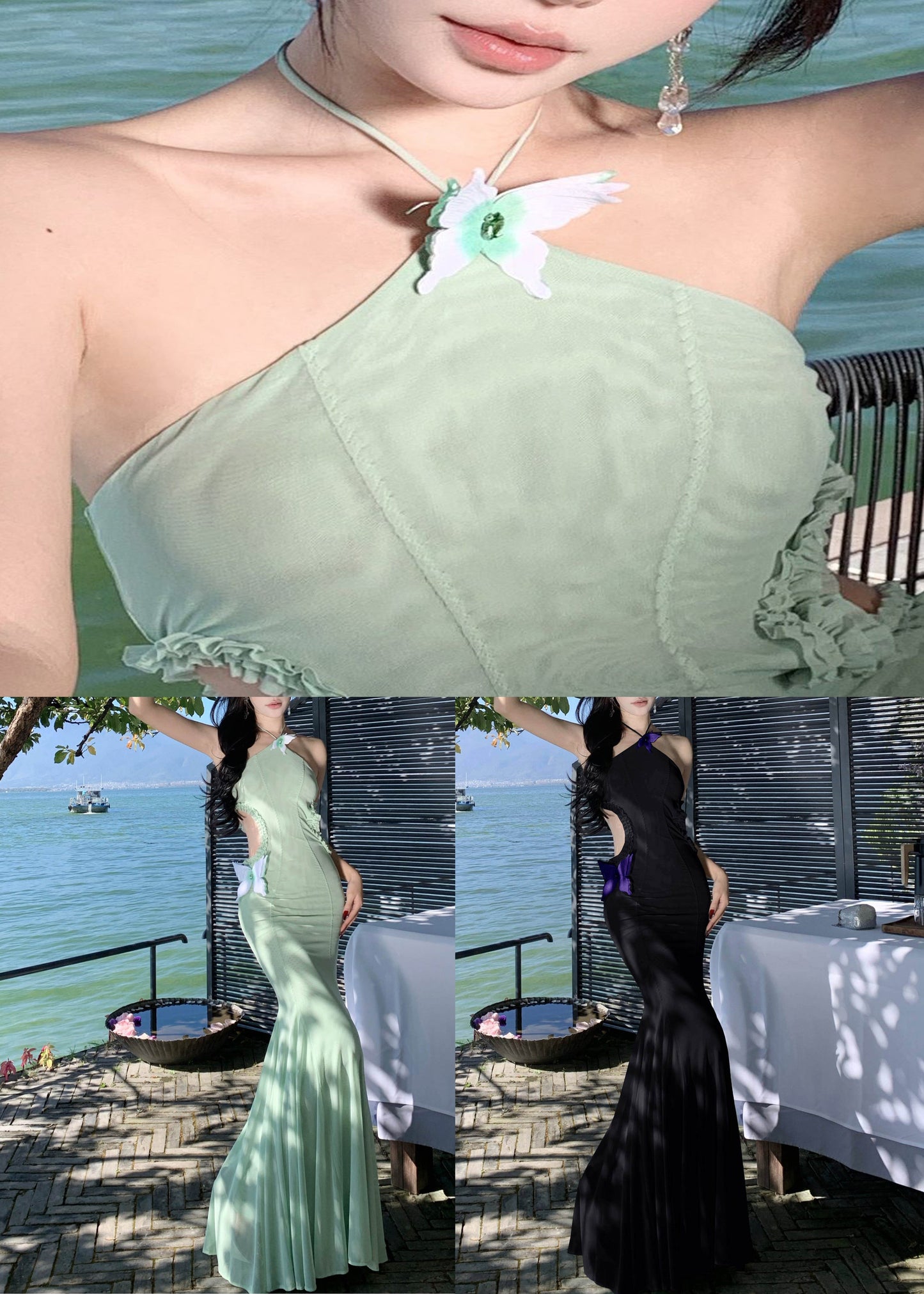Dresses Butterfly Summer Slim Fishtail Hollow Out Fit Green Tulle FashionChic