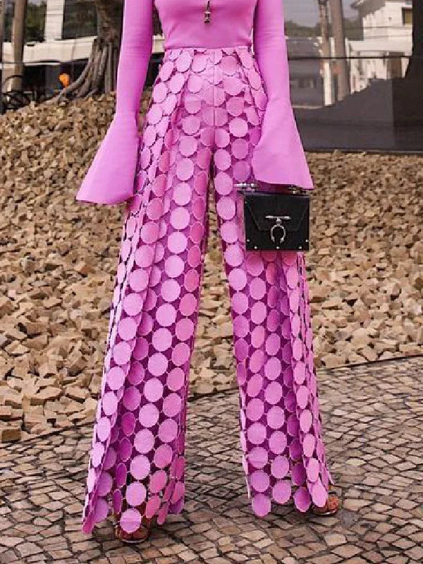 High Leg Solid Out Hollow Color Polka Dot Pants Wide Waist FashionChic