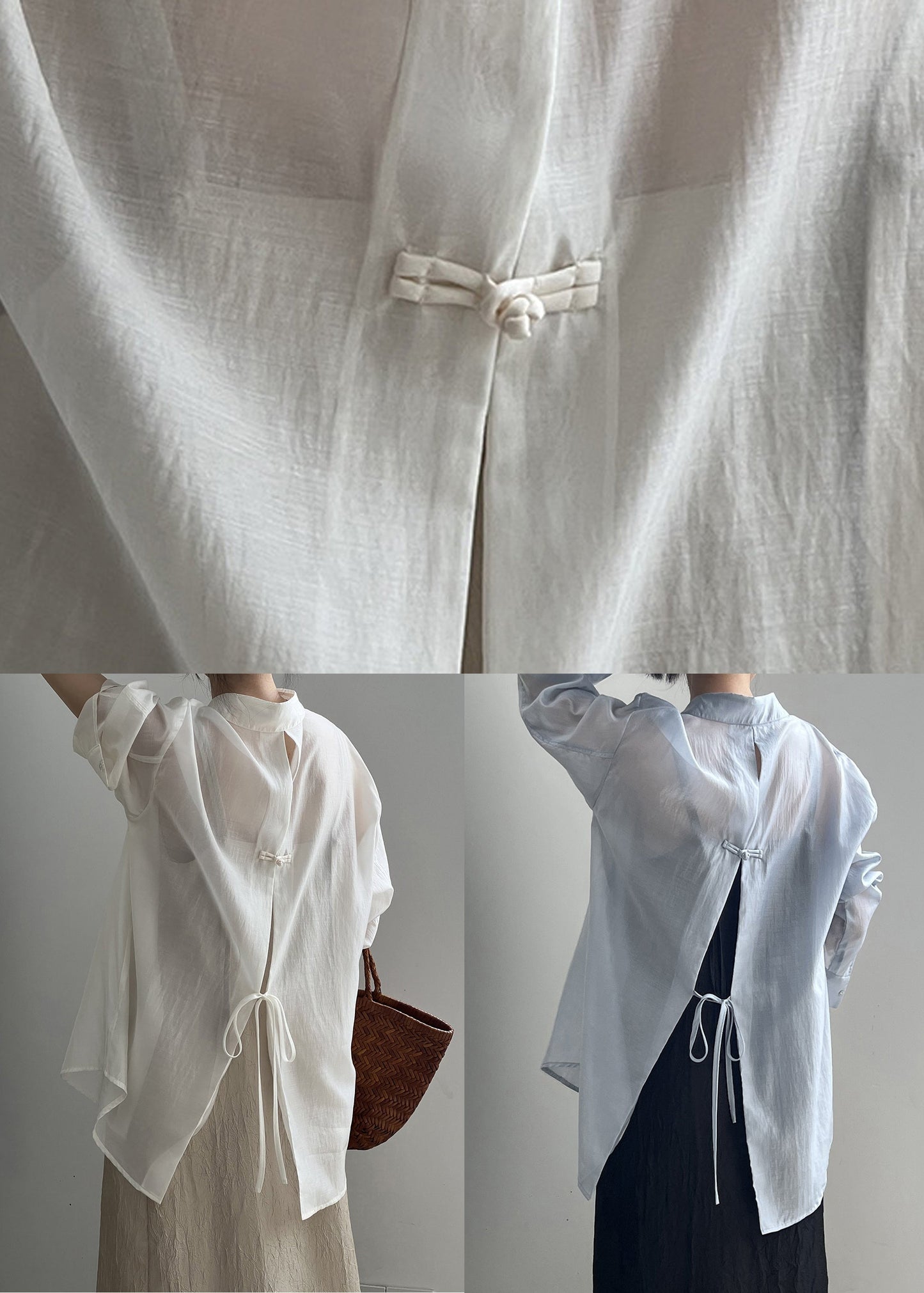 Open Up Pan Peter Spring Blouses Silk Lace Side Collar Blue FashionChic