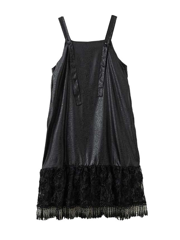 Elegant Black Square Collar Jacquard Patchwork Lace Ruffled Hem Suspender Dress TW010 ABC