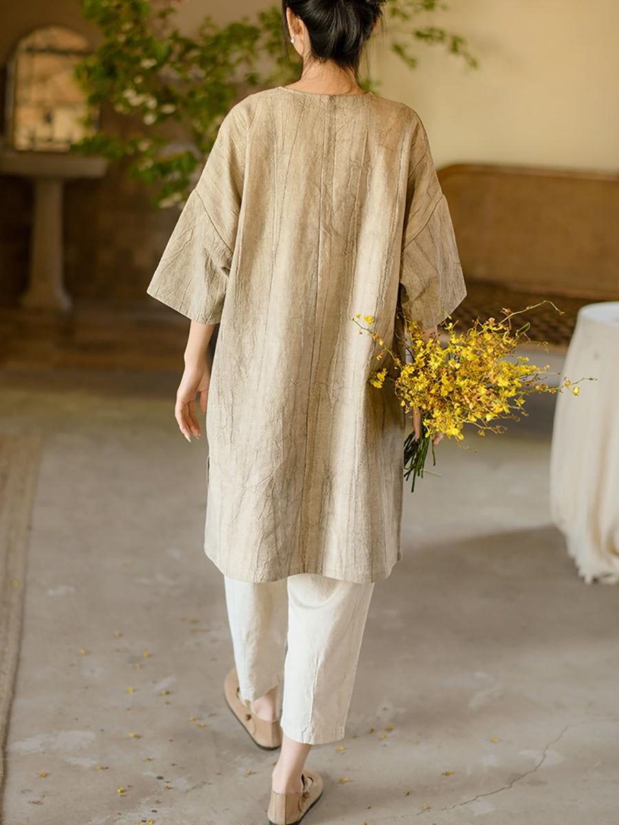 Women Summer Vintage Solid Loose Linen Short Dress II1008 BUYKUD