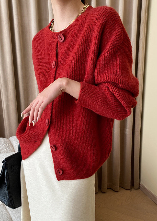 Loose Red Button Solid Knit Coats Fall AF1036 HS-NCT240914